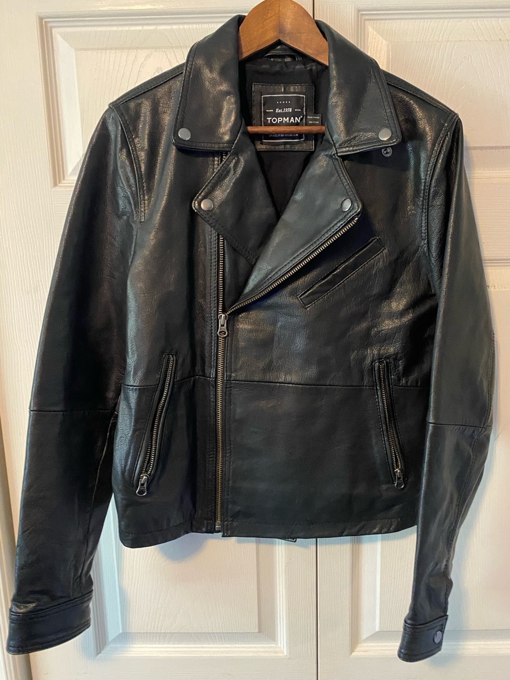 Topman Black Leather Motorcycle Jacket, Size M, Good Condition
